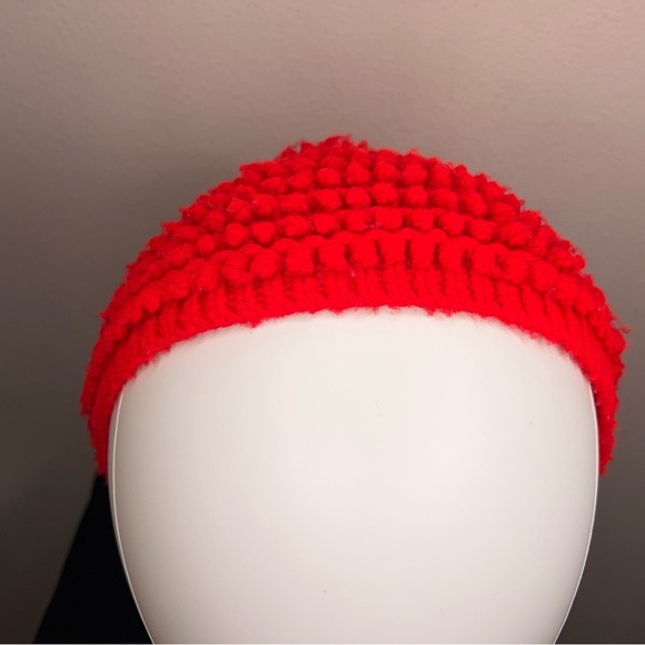 VINTAGE RED KNIT HANDMADE CHILDS HAT CROCHET RETRO VIBRANT HOLIDAY - Picture 2 of 7